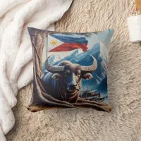 Water Buffalo By Mountains With Philippine Flag Throw Pillow