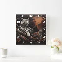 Bengal Tiger Family Among Forest Foliage Square Wall Clock