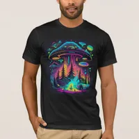 Neon UFO and Alien Scene Psychedelic Art T-Shirt