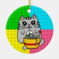 Kitty Cat eating Ramen Noodles Ceramic Ornament