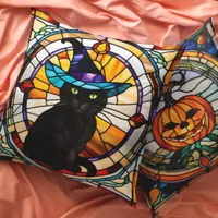 Square Stained Glass Black Cat Colorful Halloween Throw Pillow