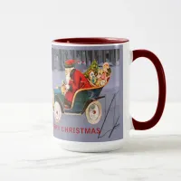 Vintage Santa Driving in a Modern Snow Scene Mug