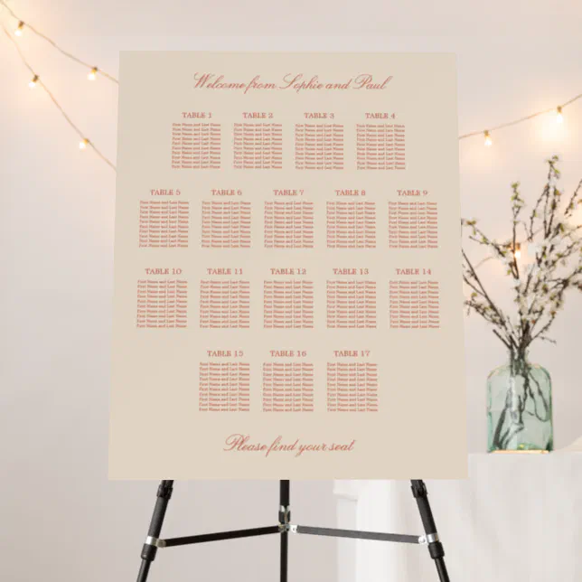 Terracotta Script 17 Table Wedding Seating Chart Foam Board