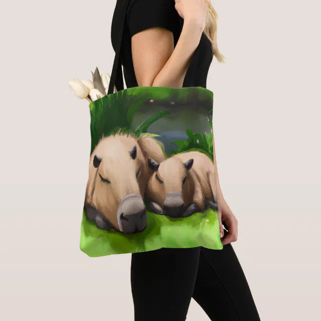 Cute Funny Napping Capybaras by the Pond Tote Bag
