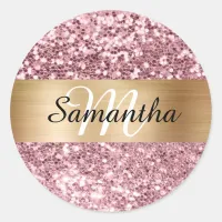 Sparkly Pink Glitter Gold Shimmer Monogram Classic Round Sticker