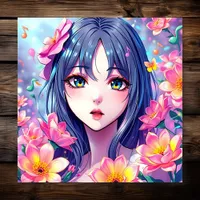 Beautiful Anime Girl and Flowers Metal Print