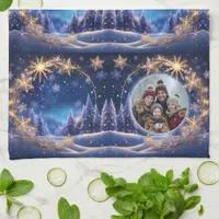 Magical Christmas time - golden snowflakes, photo Kitchen Towel