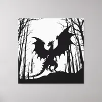 Black Silhouette Dragon on White - Fantasy | Canvas Print