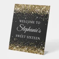 Gold Glitter Black Sweet Sixteen Welcome Pedestal Sign