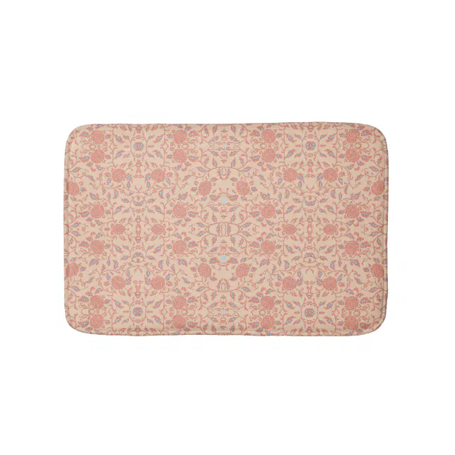 Flowery Peach and Coral Damask Bath Mat