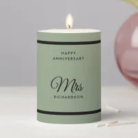 Elegant Script Sage Green Mrs. Happy Anniversary Pillar Candle