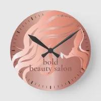 Beauty Salon Custom Name Rose Gold Metallic Wall Round Clock