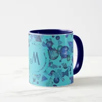 Modern geometric shapes with monogram in blue mug