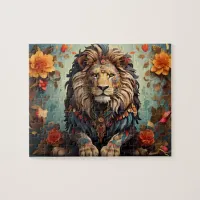 Majestic lion amongst flowers  jigsaw puzzle
