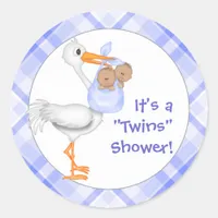 Stork & Twin Boys (dark skin) Baby Shower Classic Round Sticker