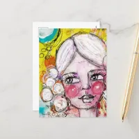 Mixed Media Painting Cute Girl Fun Whimsical Art Postcard