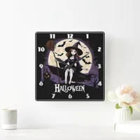 Witch in a spooky landscape under a full moon square wall clock