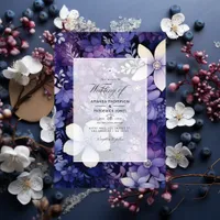 Plum, Navy Blue and Silver Floral Winter Wedding Invitation