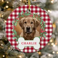 Red & White Plaid Dog Photo Christmas Wreath Ceramic Ornament