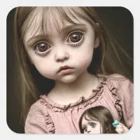 Frightened Little Girl with Creepy Doll Eerie  Square Sticker