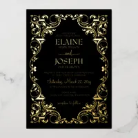 Rustic Elegant Ornate Frame Black Wedding  Foil Invitation