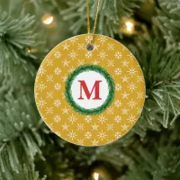 Wreath Monogram Your Name White Snowflakes Gold Ceramic Ornament