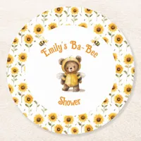 Cute Honey Bee Bear Ba-Bee Shower  Round Paper Coaster