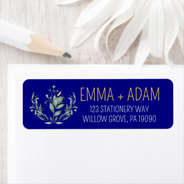 Simple Eucalyptus Greenery Navy Blue and Gold Label