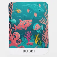  Custom Name Whimsical Underwater Ocean Adventure Baby Blanket