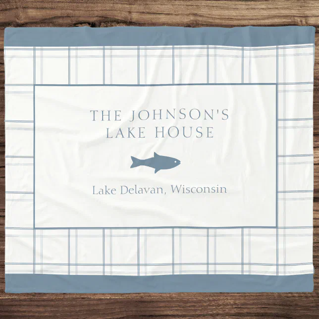 Classic Customizable Plaid Lake House Blue Fish Fleece Blanket