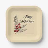 Retro Holly Berries and Evergreen Paper Plate