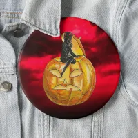 Vintage Black Devil on Jack o' Lantern Red Clouds Button