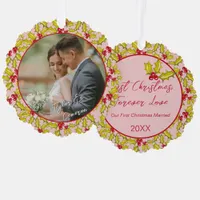 First Christmas Married Pink Red Fun Couples Photo Ornament Card