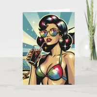 Beautiful Pinup Woman with a Cola on the Beach Card