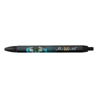 Black Cat Green Eyes Elegant Script Monogrammed Black Ink Pen