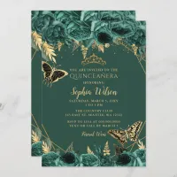 Emerald Green Gold Floral Butterfly Quinceañera  Invitation