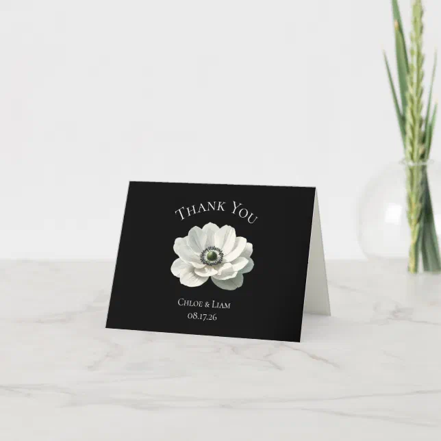 Elegant Modern Flower Black & White Wedding Thank You Card
