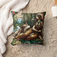 Native American Woman Relaxing With Wolf in Nature Throw Pillow