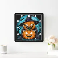 Spooky Halloween ghost with enchanted pumpkins Square Wall Clock