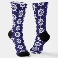 Nautical Navy Blue White Cruise Ship Wheel Pattern Socks