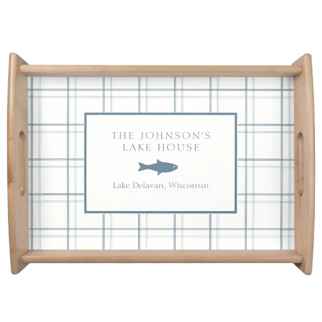 Classic Customizable Plaid Lake House Blue Fish Serving Tray