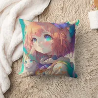 Anime Girl Holding an Adorable Kitten Throw Pillow