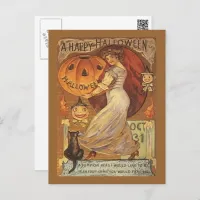 Vintage Halloween Woman Pumpkin Black Cat Postcard