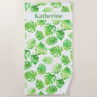 Tropical Green Watercolor Leaves Pattern with Name Beach Towel