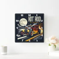 Hot rod racing under the full moon square wall clock