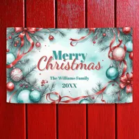 Festive Christmas Greenery Ornaments Red Ribbons Banner