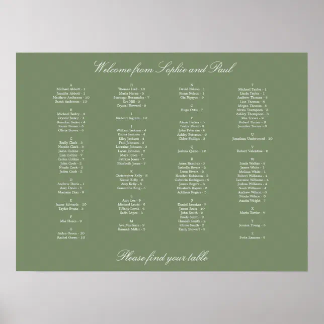 Sage Green Alphabetical Seating Chart Poster