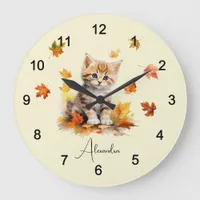 Cute Orange Tabby Kitten in Fall Leaves Large Clock