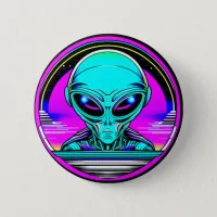 Extra Terrestrial Alien Flying a UFO Button