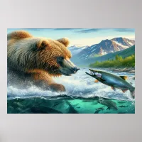 Grizzly Bears with steelhead trout salmon  36x24 Poster